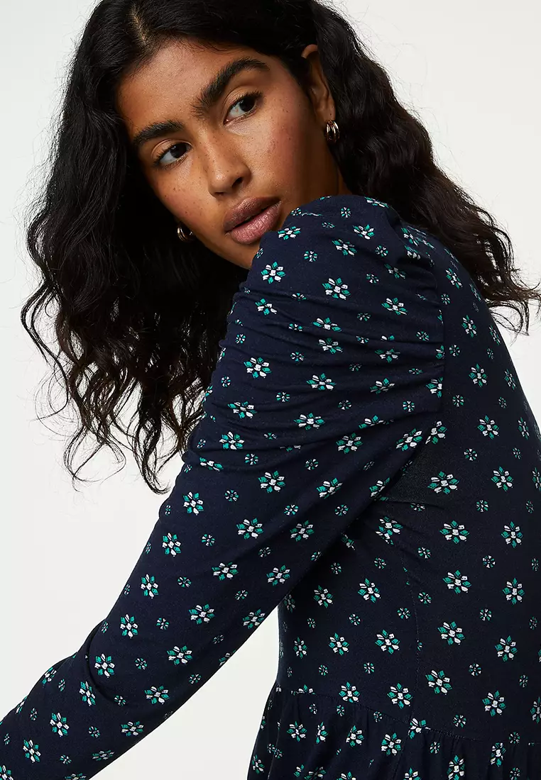 Jersey Printed Tie Neck Midi Column Dress