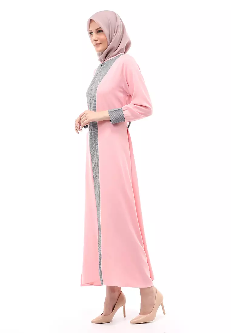 Nadira Gamis Long Dress Wanita Motif Polos Regular Fit - Pink