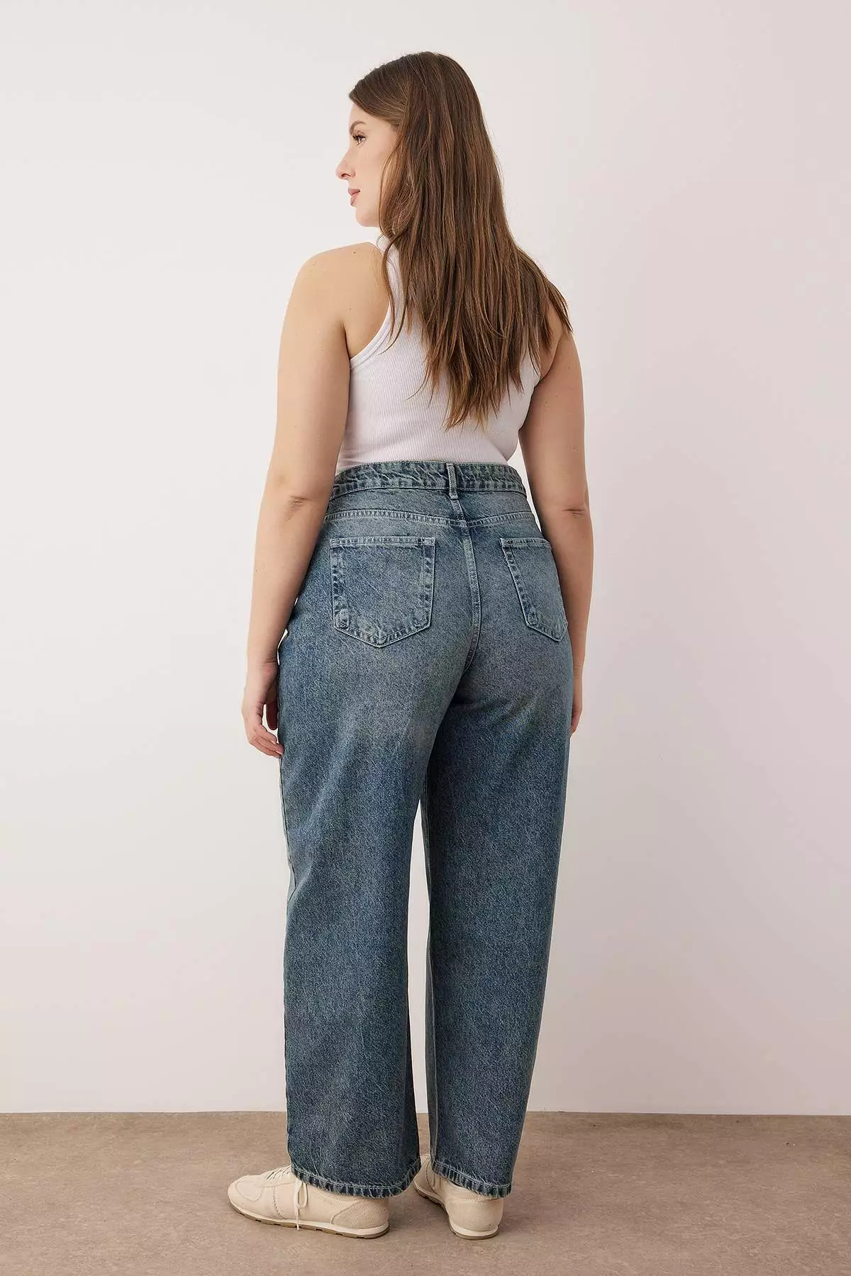 Blue High Waist Barrel Baggy 100% Cotton Non-Stretch Plus Size Jeans Tbbaw26Cj00043