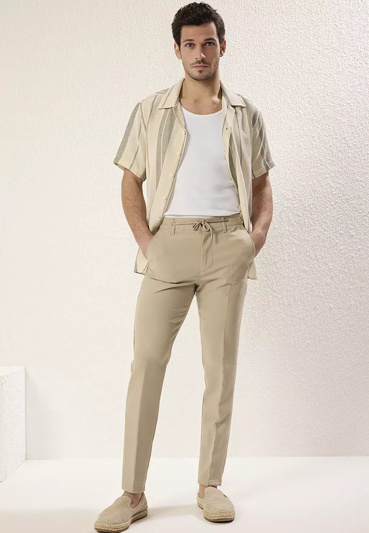 Stone Slim Fit Waist Tie Detail Elastic Fabric Woven Trousers