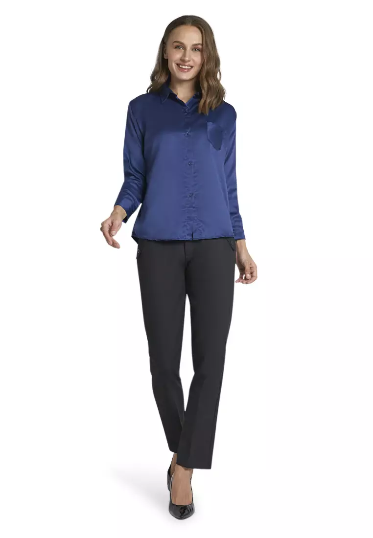 Uchenna Kemeja Lengan Panjang Shirt Plain Atasan Wanita Baju Kerja Regular Fit - Navy