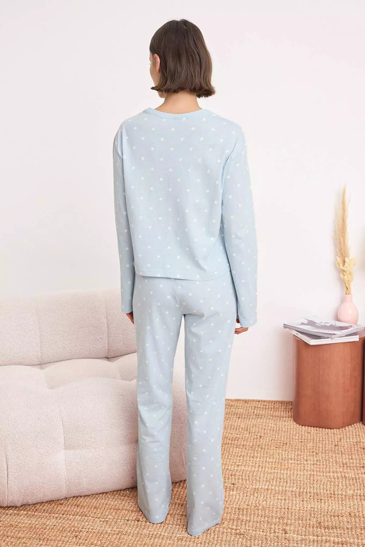 Light Blue 1% Cotton Lu Polka Dot And Heart Knitted Pajama Set Thmaw25Pt39