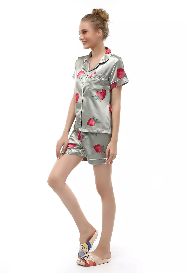 Vance Piyama One Set Baju Tidur Wanita  Celana Pendek Motif Strawberry Material Satin ORIGINAL - Tosca
