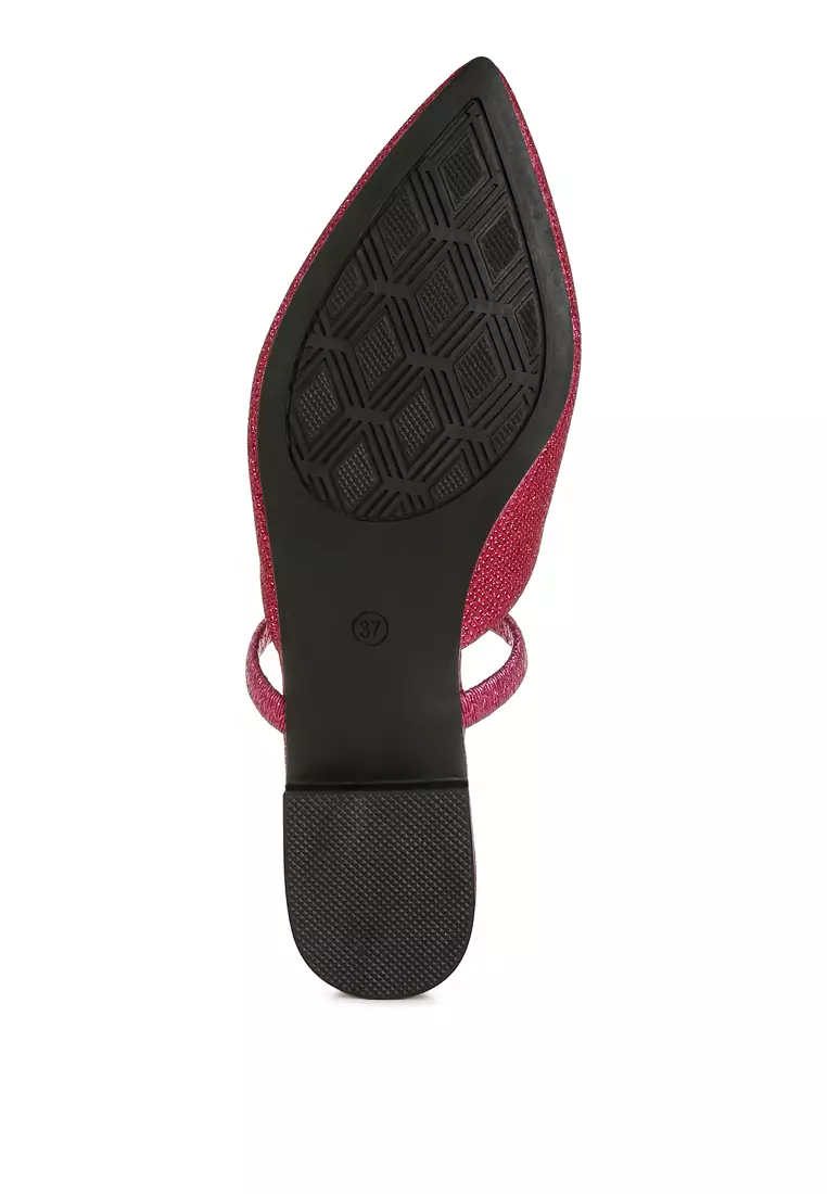 Glitter Faux Leather Flat Mules in Fuchsia