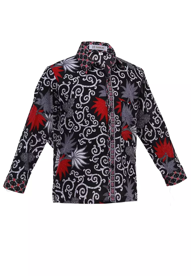 Lucas Kemeja Formal Batik Anak Laki-laki Lengan Panjang Motif Kembang Kids Traditional Shirt Material Cotton ORIGINAL - Black