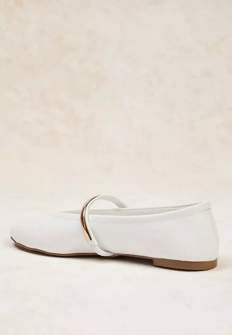 Off White Gold Metal Banded Mary Jane Almond Toe Ballerinas Takeaw26Be00005