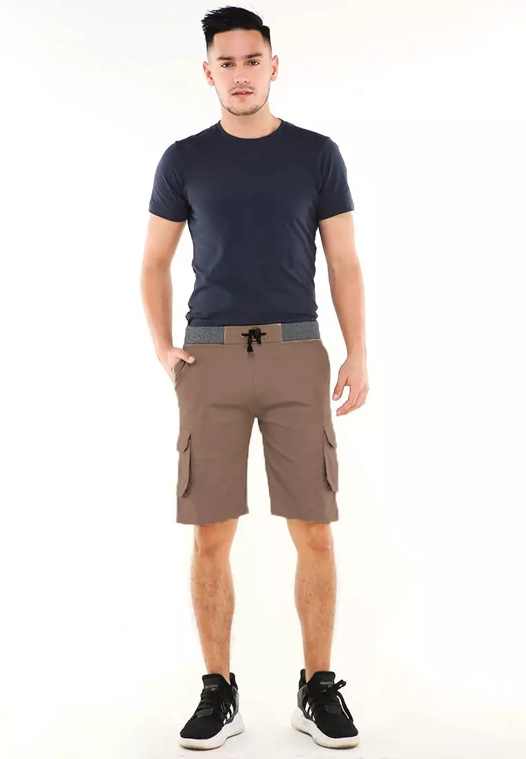 Rishham Celana Pendek Cargo Pria Button Pockets Sporty Short Pants Material Cotton ORIGINAL - Mocca