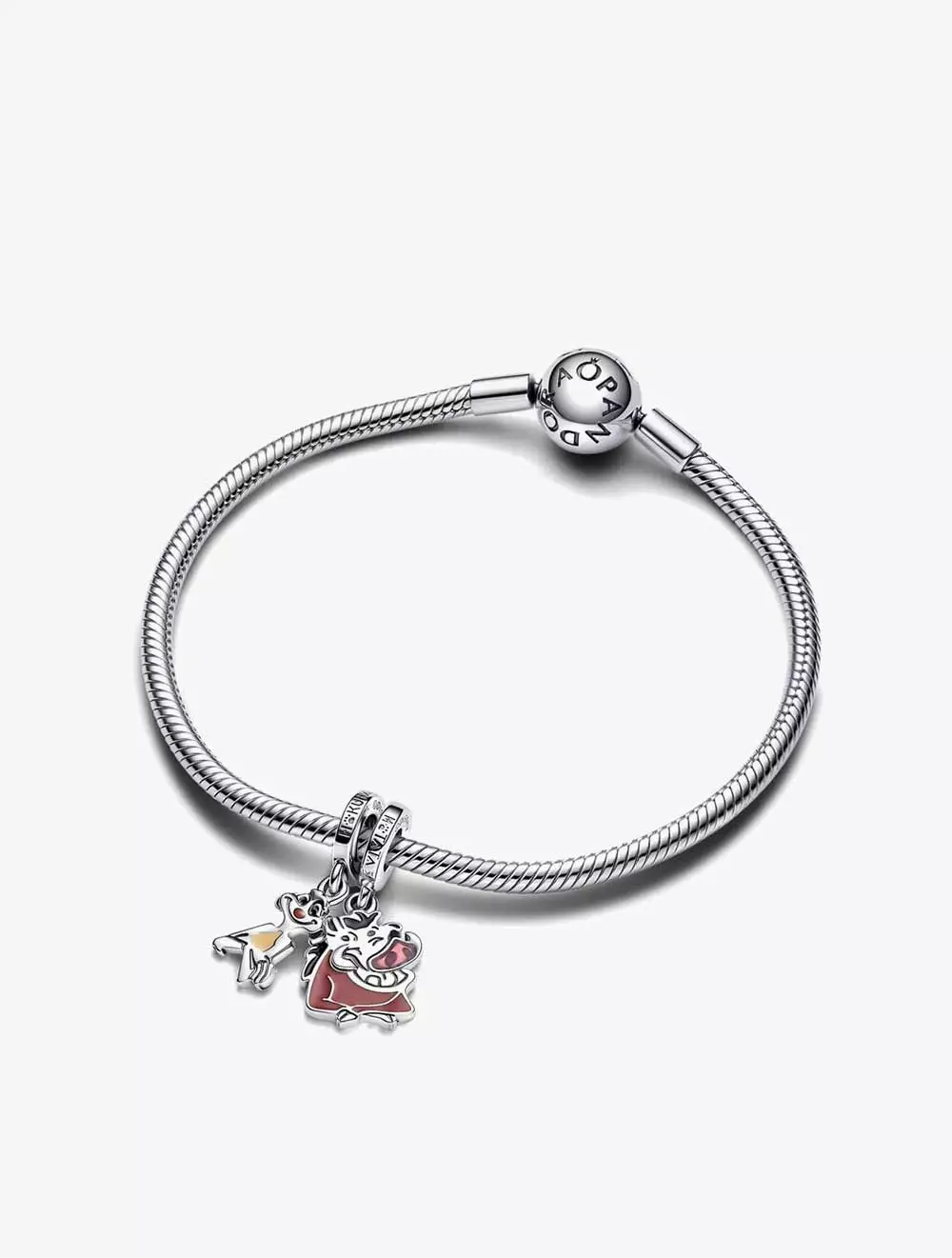 Disney The Lion King Timon and Pumbaa sterling silver splittable dangle with pink, wine red, black, beige and brown enamel