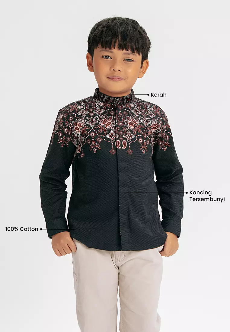 MANZONE - Mahnoor LS Junior - Kemeja Koko Shanghai Anak Lengan Panjang - Black Warna Black