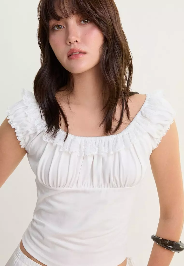 Ruffle Trim Wide Neck Top - White