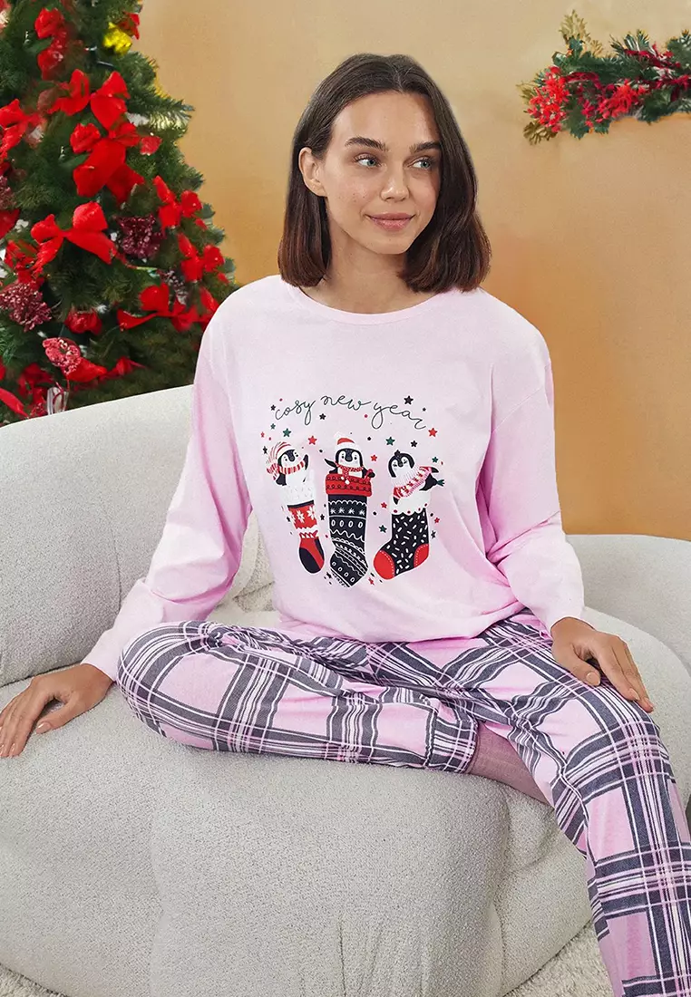 Pink-Multicolored 100% Cotton Winter Themed Plaid Knitted Pajama Set THMAW25PT00121
