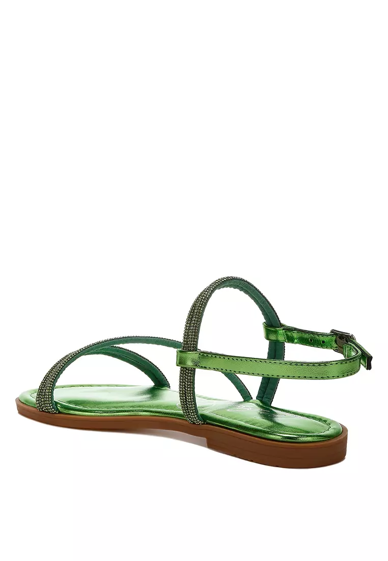 Rhinestone Strappy Flat Sandals in Green