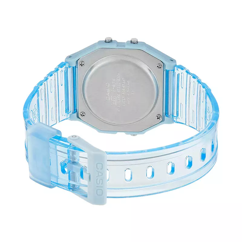 Jam Tangan Wanita Casio General F-91WS-2DF F91 F-91W Digital Dial Light Blue Clear Rubber Band