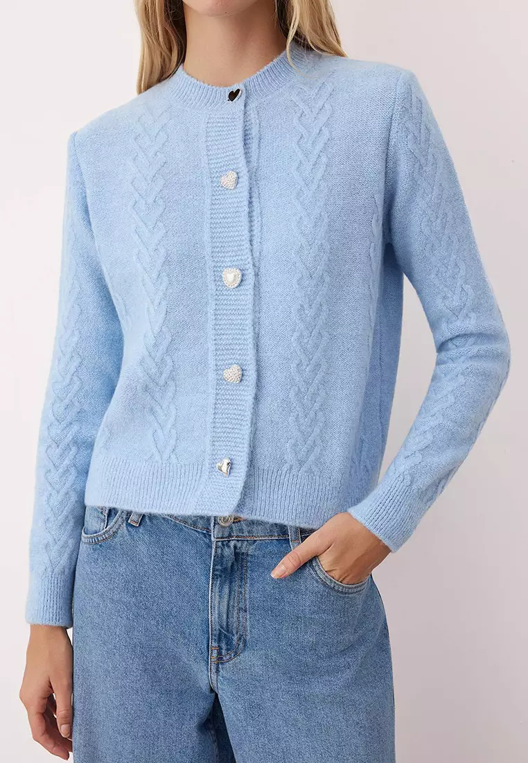Light Blue Hair Knit Button Detailed Soft Textured Knitwear Cardigan Twoaw26Hi00040