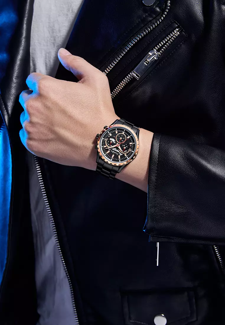 Jam Tangan Pria 8081 Kuarsa Hollow Design Kalender Tali Stainless Steel Jam Tangan Cowok blackgold