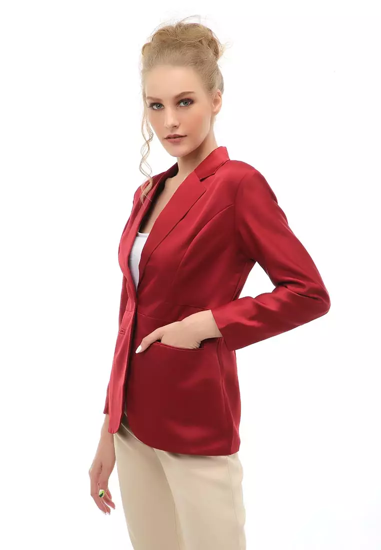 Qemsya Outer Blazer Kasual Formal Wanita Lengan Panjang Material Wool Twist ORIGINAL - Maroon