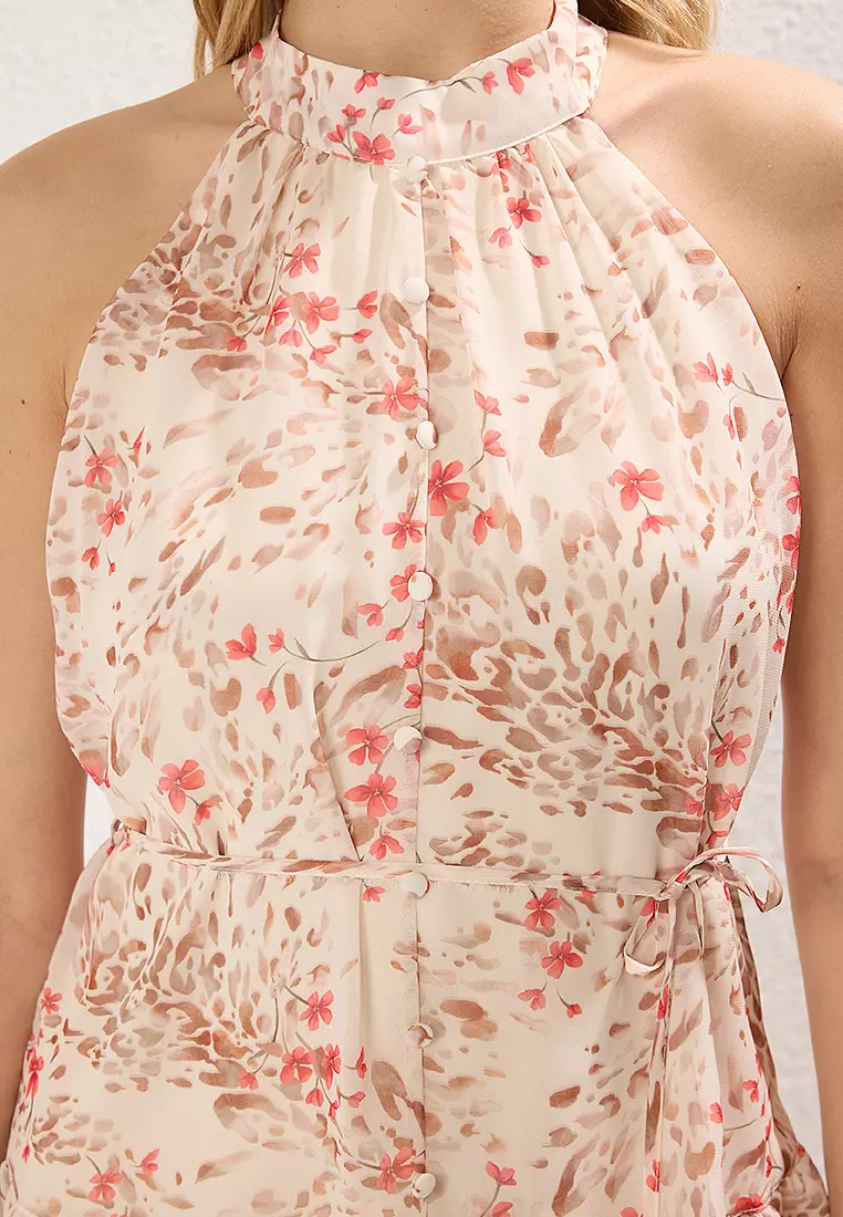 Multicolored Floral Skirt Belted Mini Woven Dress