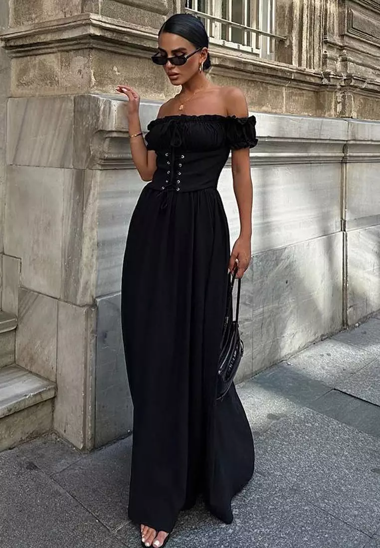 Black A-Line Carmen Neck Corset Look Elegant Evening Night Graduation Dress TPRSS25AE00133