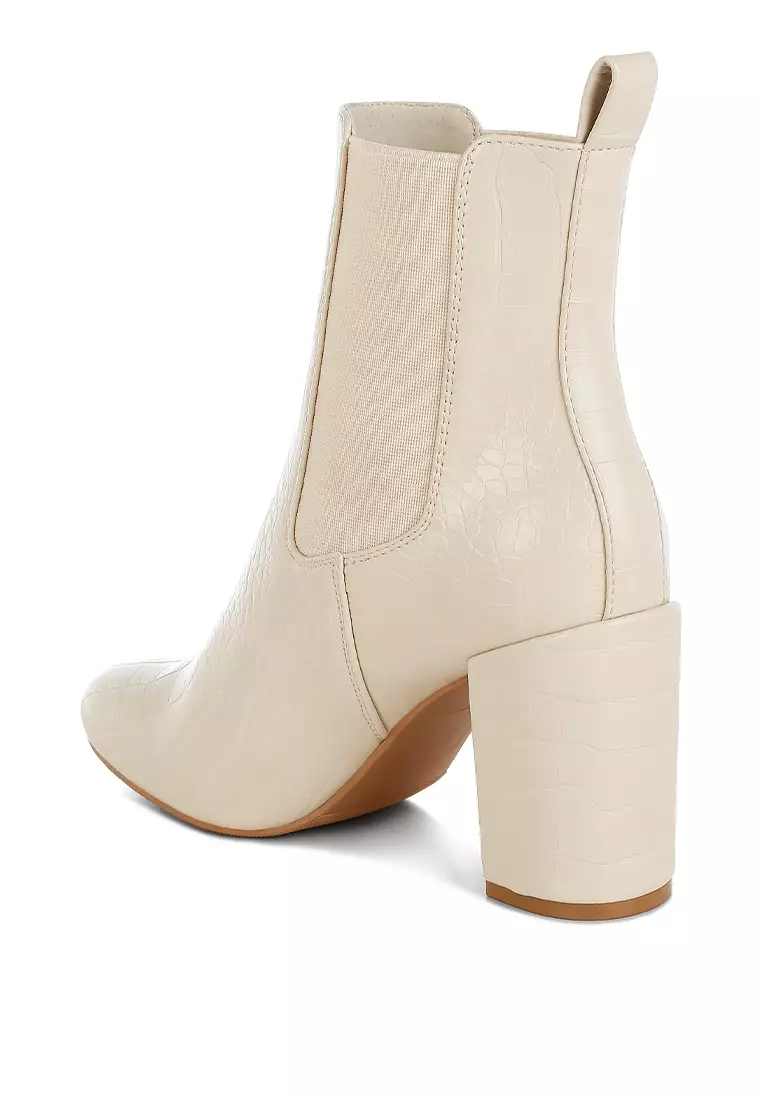 Faux Leather Block Heel Ankle Boots in Beige