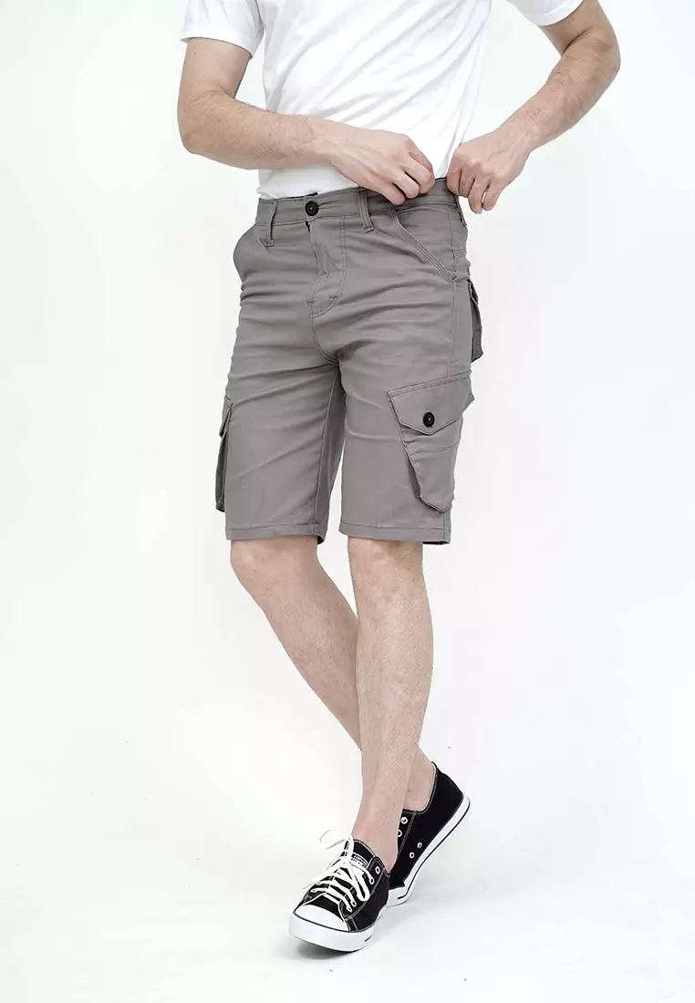 Celana pendek kargo pria cargo pants slim fit melar stretch houseofcuff abu tua
