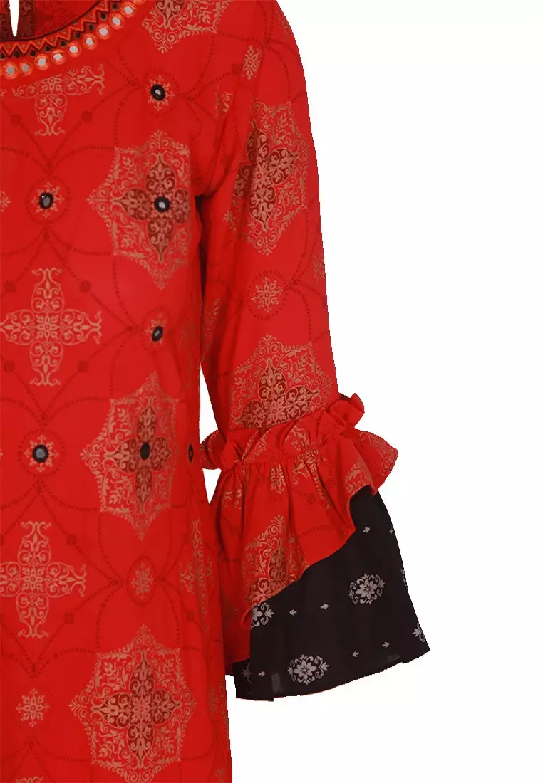 Le Reve 红色 & 黑色 A 线流苏束腰外衣