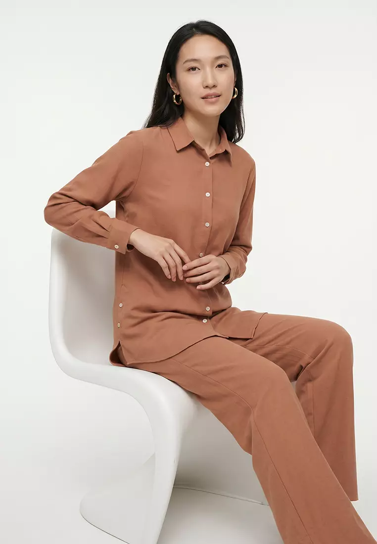 Light Brown Linen Look Mother-of-Pearl Buttoned Woven Bottom-Top Set TCTSS25US00029