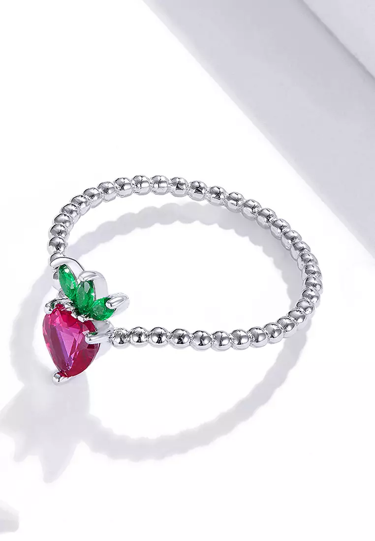 Solid 925 Sterling Silver Strawberry Ball Chain Ring