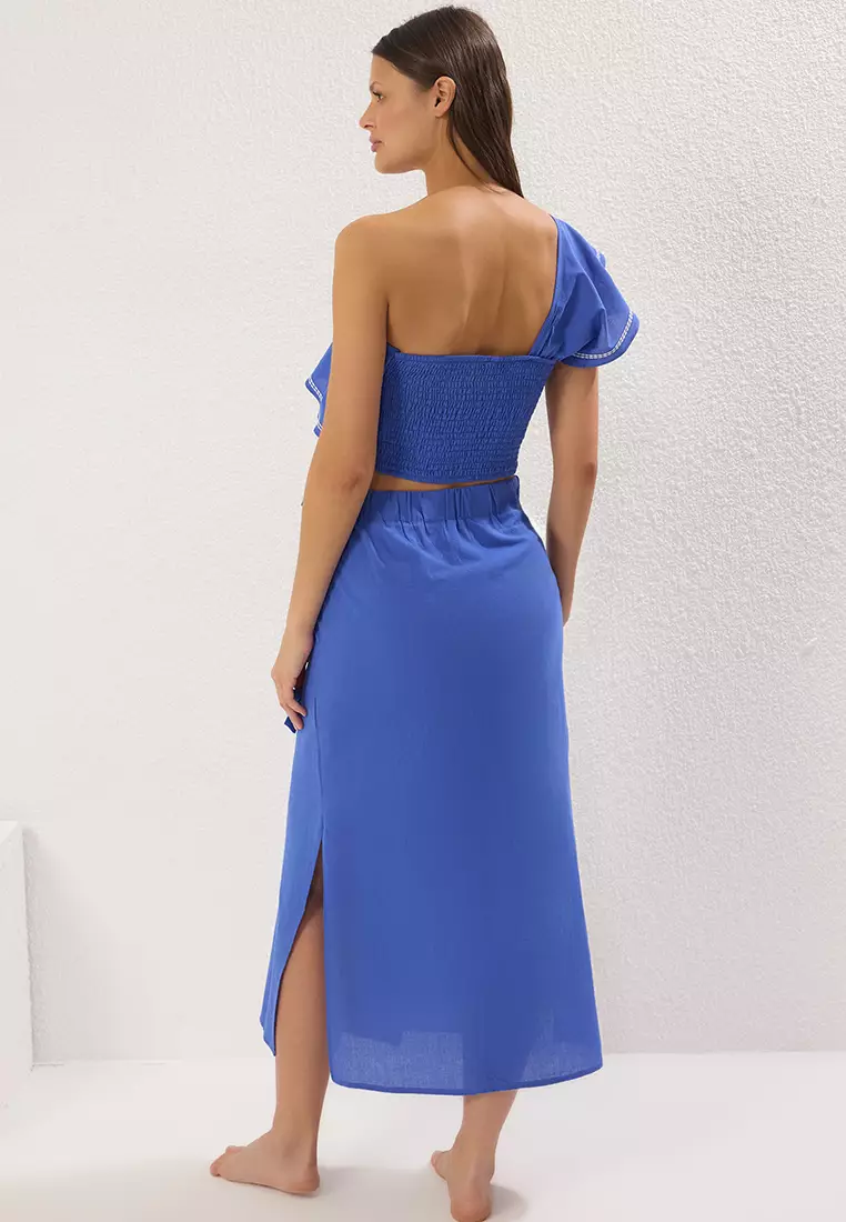 Saxon Woven Flounce One Shoulder 100% Cotton Blouse Skirt Beach Suit TBESS24AU00009