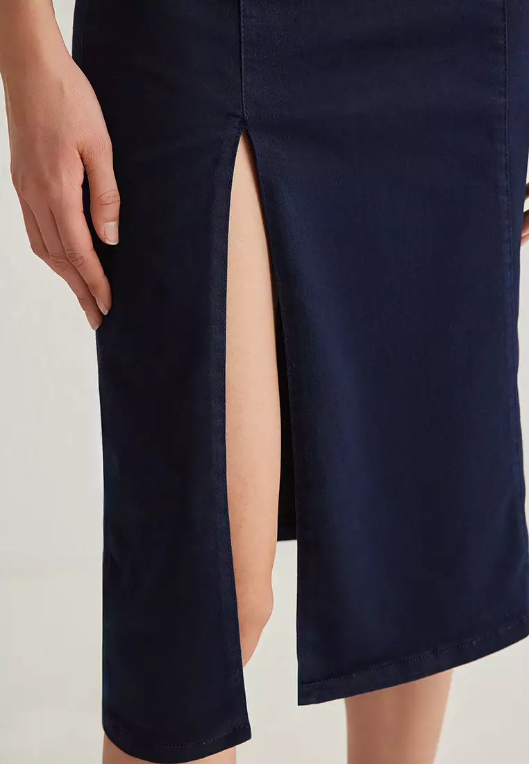 Dark Blue Slit Midi Denim Dress