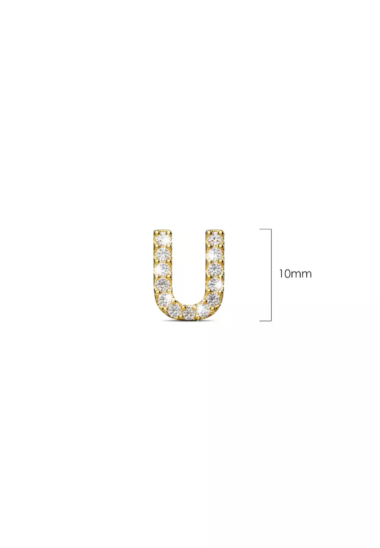 Solid 925 Sterling Silver Glamour Alphabet Letter Earrings Gold - U