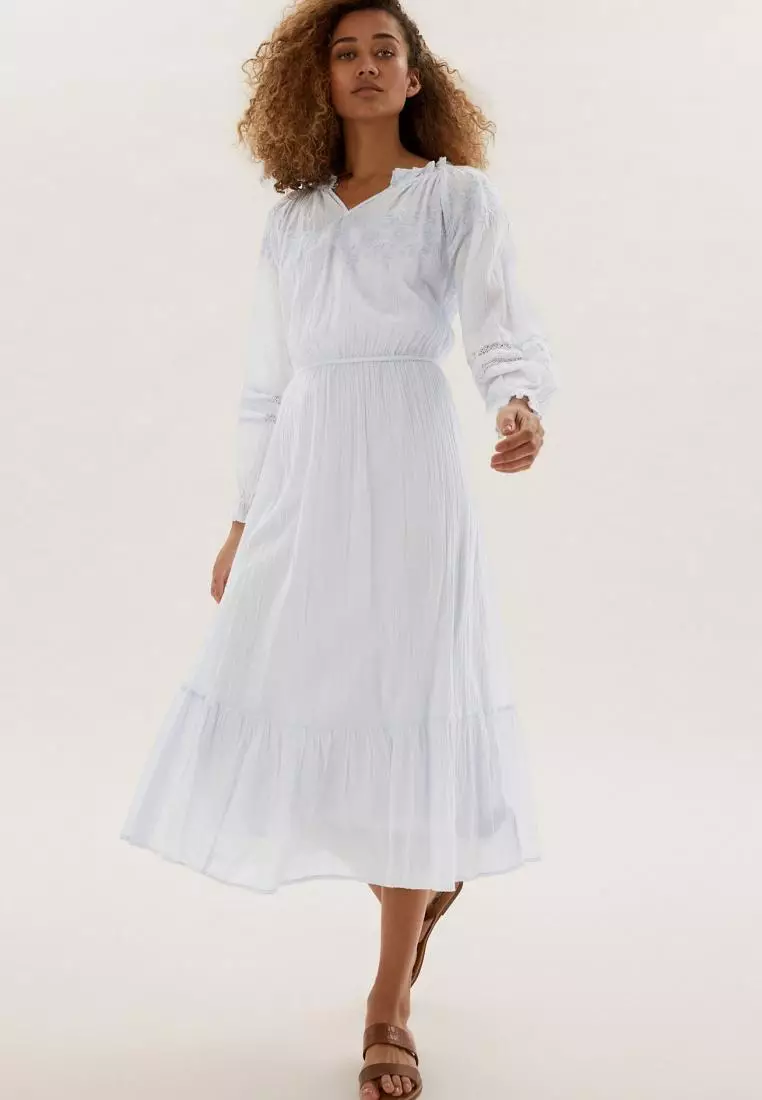 Pure Cotton Embroidered Midi Waisted Dress