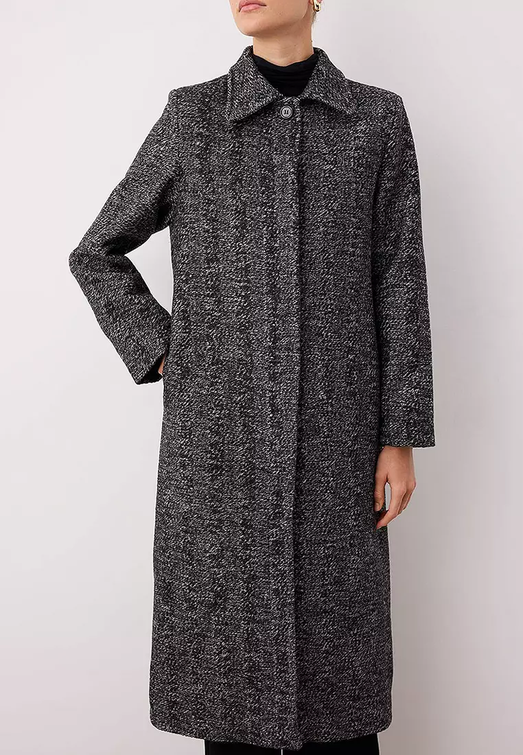 Herringbone Mono Closure Fitted Maxi Wool Cashmere Coat