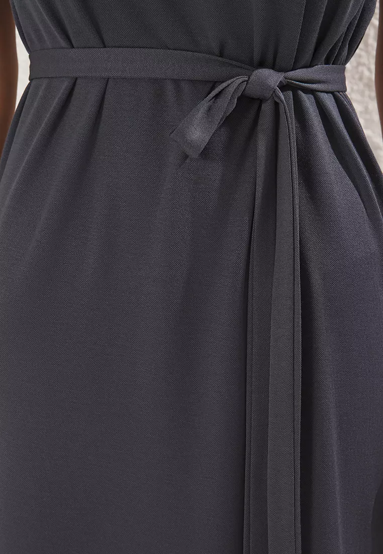 Anthracite Plain Padded Maxi Padded Crew Neck Shift/Straight Cut Knit Dress TWOSS25EL00329