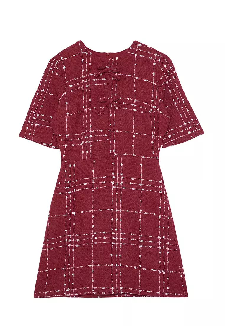 Burgundy Plaid A-Line Bow Detailed Mini Woven Tweed Dress TWOAW25EL00186