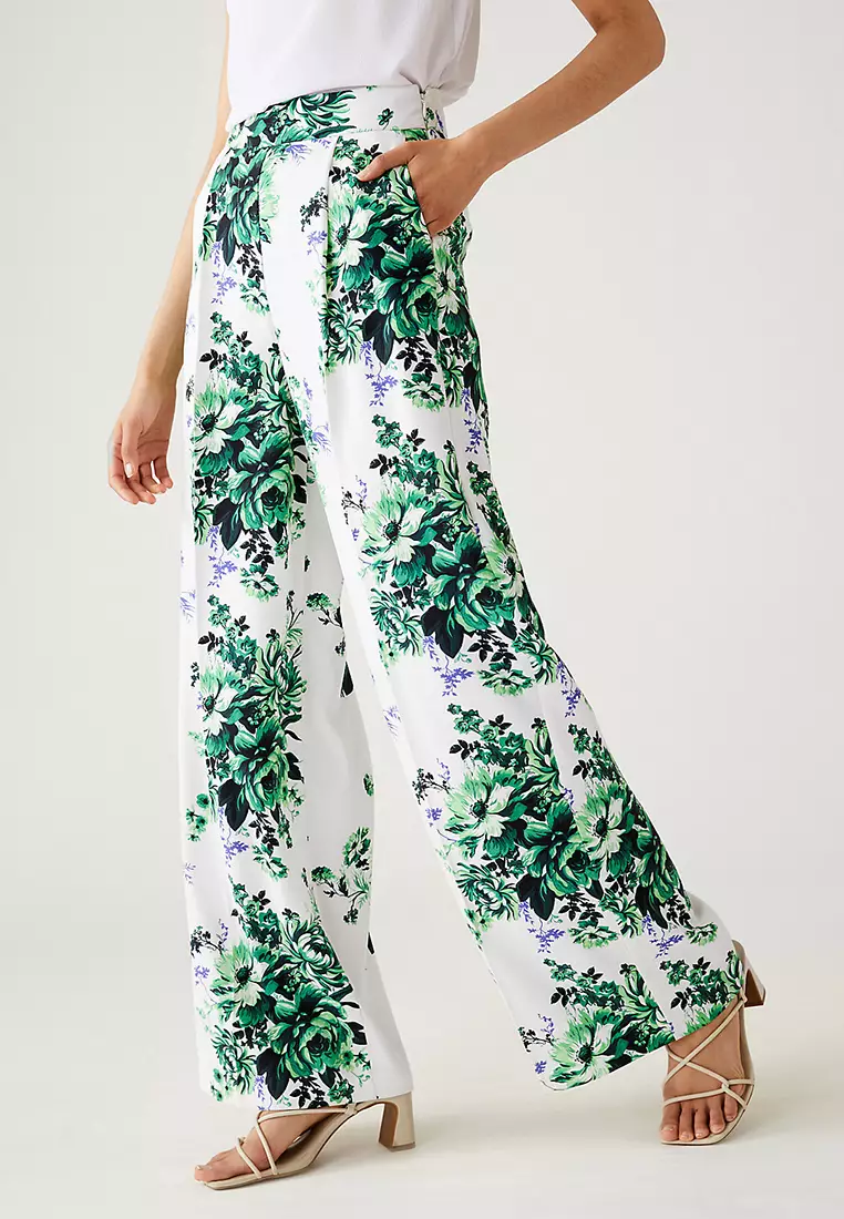 Satin Floral Wide Leg Trousers