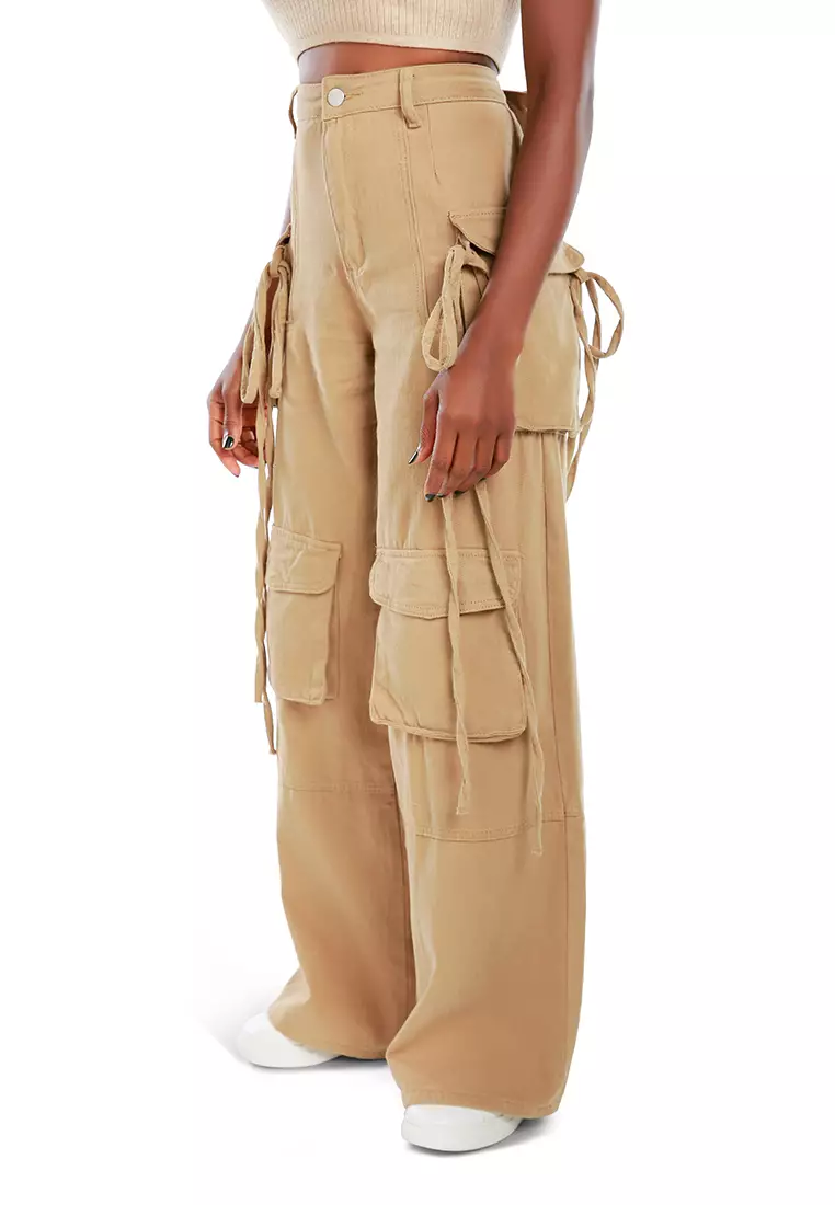 实用抽绳口袋长裤 驼色
