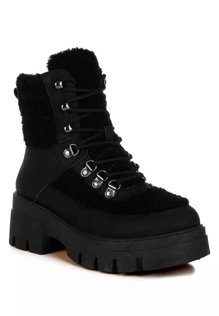 Faux Fur Detail Chunky Hiker Boots in Black