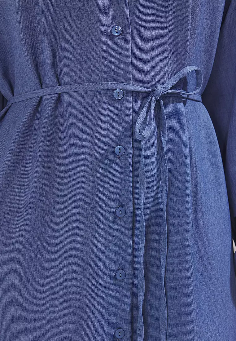 Indigo Lace Detailed Linen Look Woven Dress TCTSS25EB00111