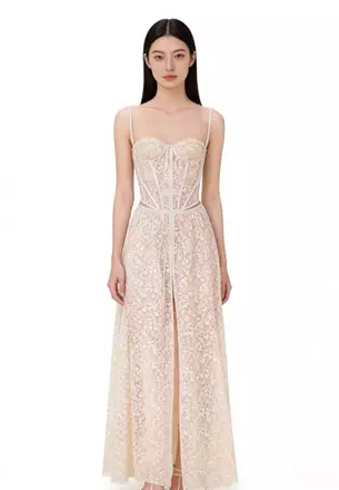 lace sheer black dress BLACK SHEER LACE SILK DRESS WITH CUT-OUT TOP | CULT MIA main image 1
