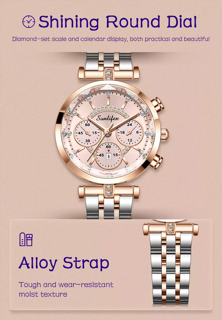 Jam Tangan Wanita Original B005 Kalendar Anti Air Berlian Kuarsa Tali Stainless Steel Jam Tangan Cewek Rosegold