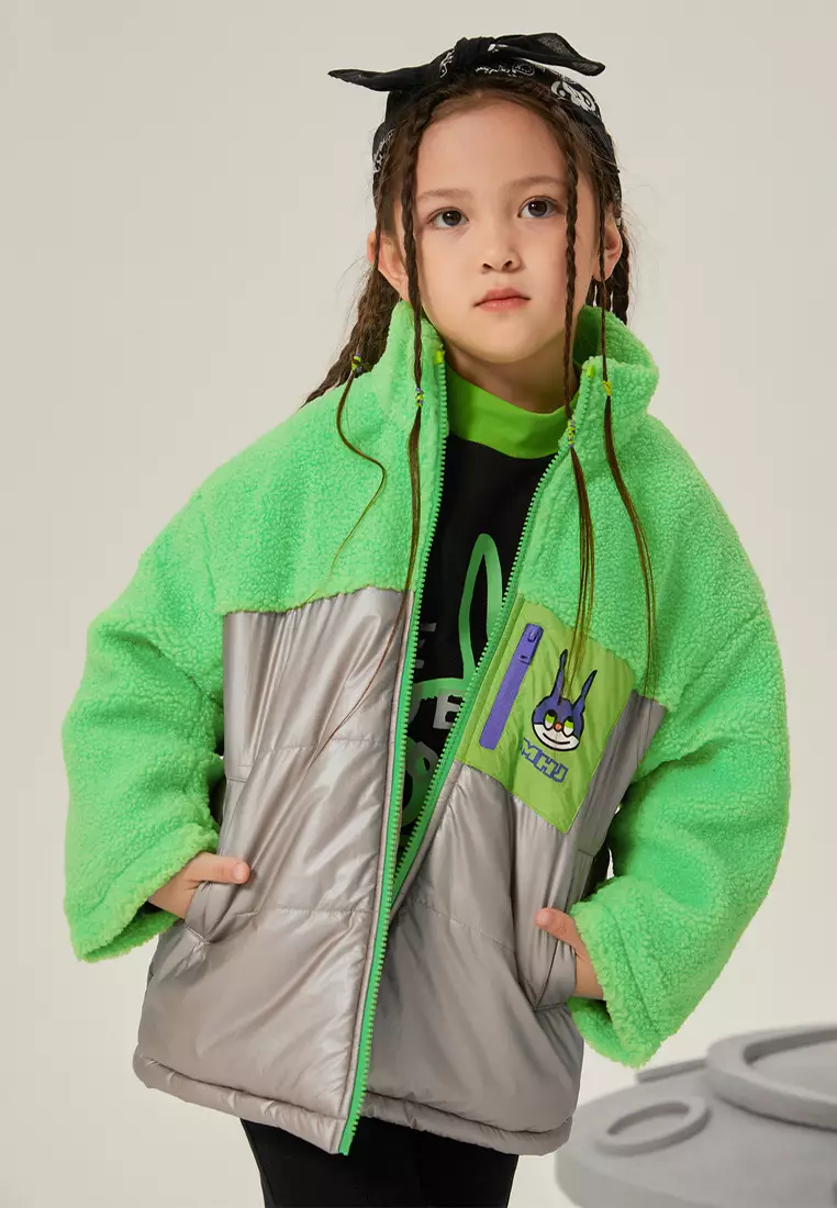 儿童加绒棉服立领羊羔毛拼接亮面棉袄