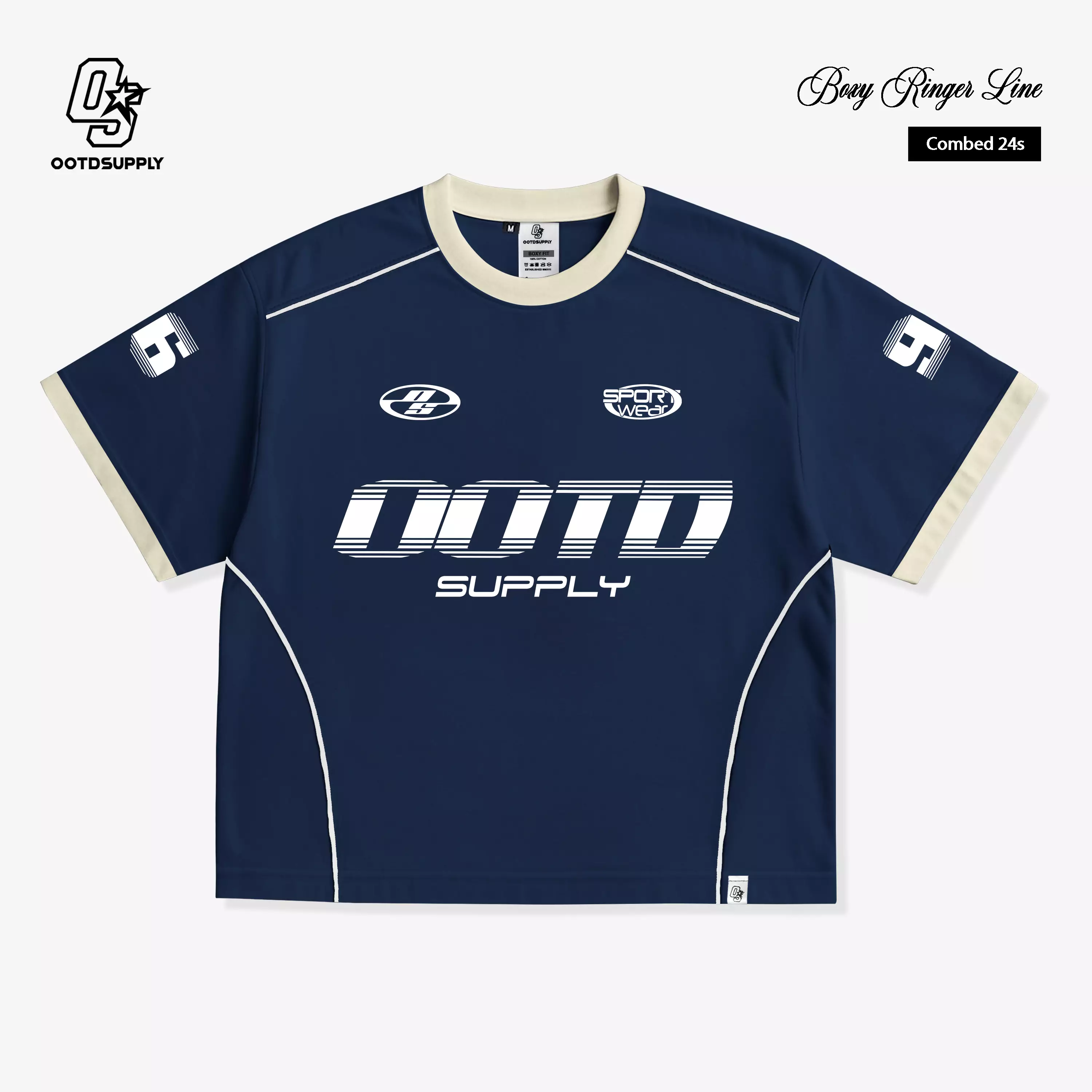 OOTDSUPPLY Oversized Boxy Raceflux Navy Ringer Line | Oversize Pria & Wanita | Kaos Unisex | OS-OVZ-BX-RL002