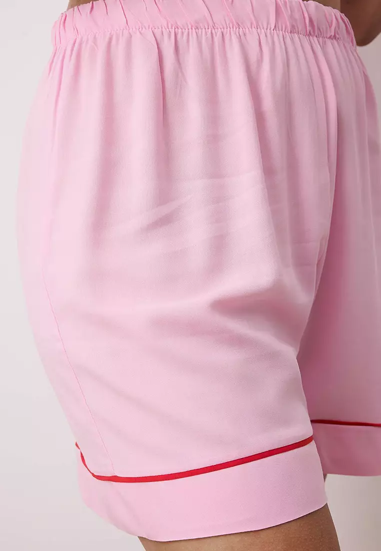 Pink Piping Detailed Viscose Woven Pajama Set Tbbss25Ai00016