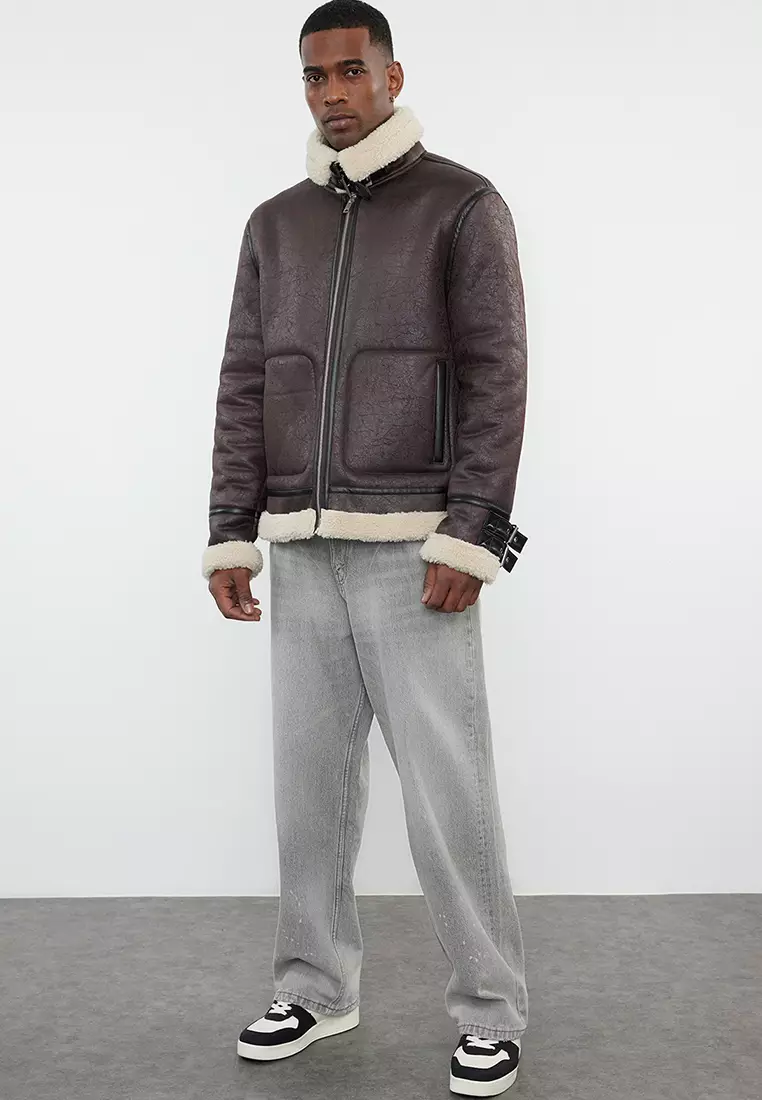 Men's Dark Brown Regular Fit Winter Coat With Fur Inside Tmnaw25Mo00013