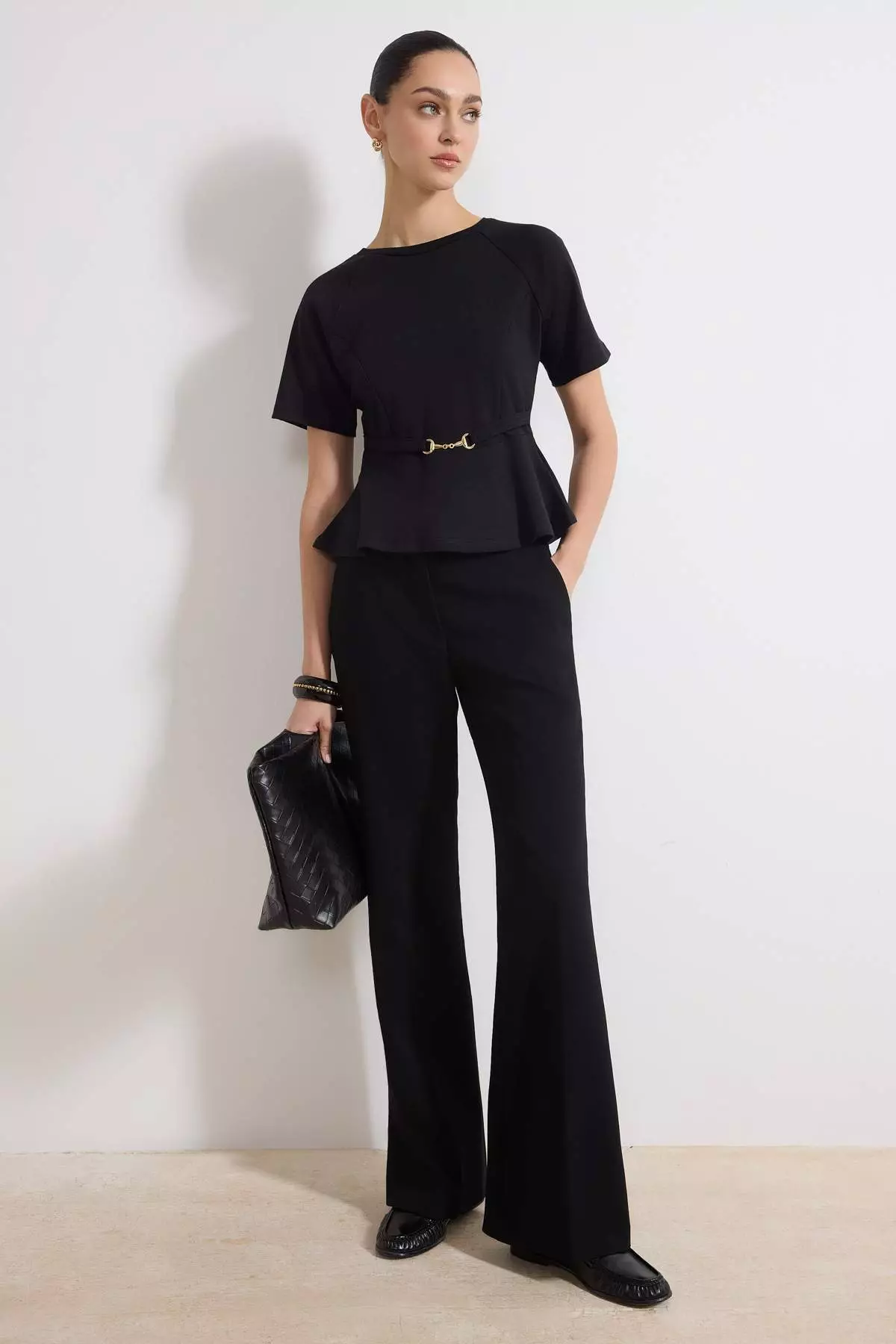 Black Peplum Raglan Sleeve Short Sleeve Accessory Detail Interlock Knitted Blouse Twoss26Bz242