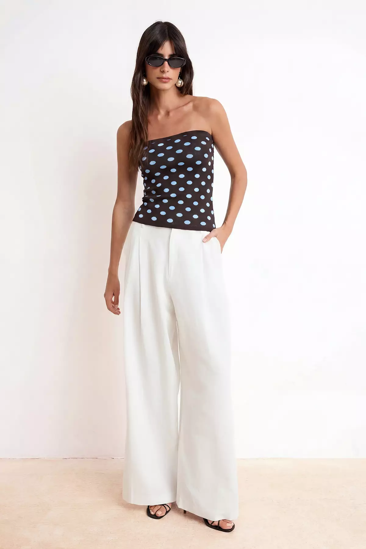 Brown Strapless Polka Dot Knitwear Blouse Twoss26Bz00323