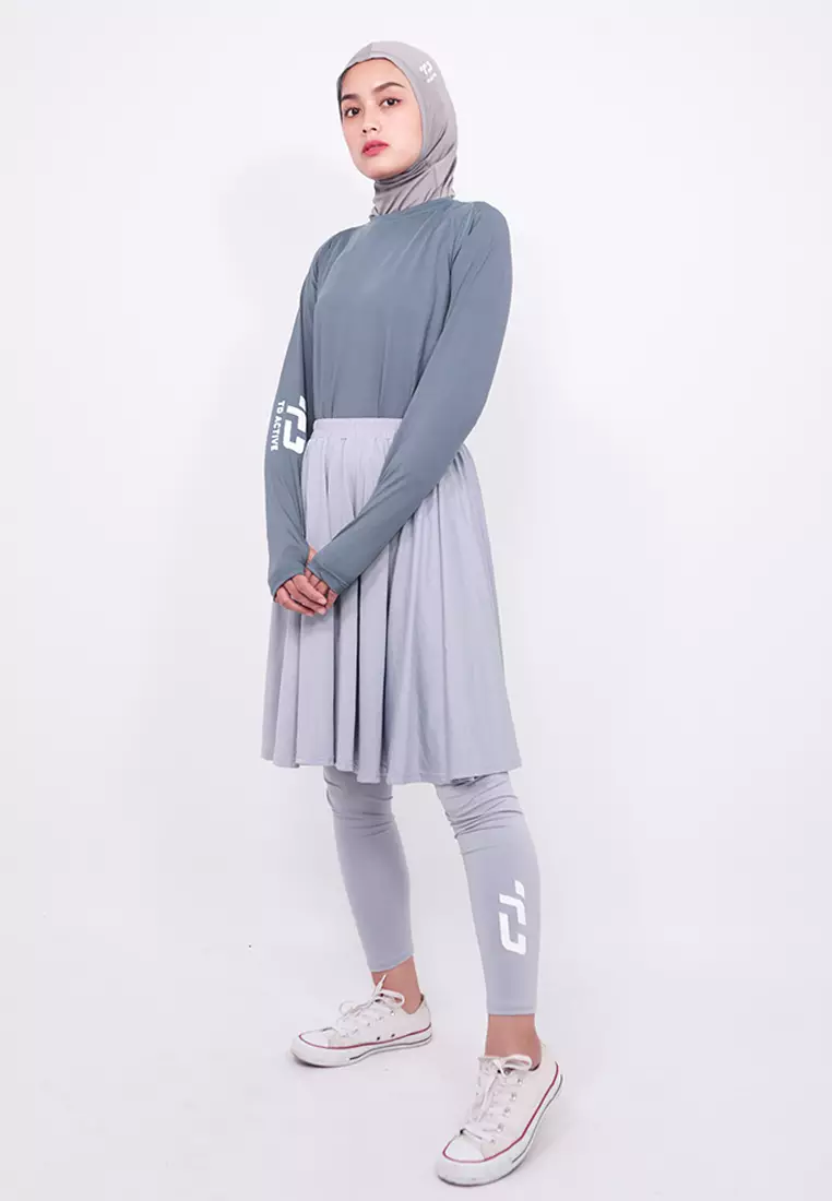 LB056 Leging Rok Olahraga Dual Layer (2-In-1) Abu Muda