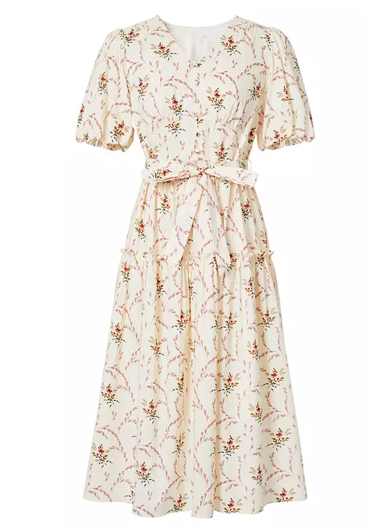 Puff Sleeve V-Neck Floral Dress with Ribbon Belt
