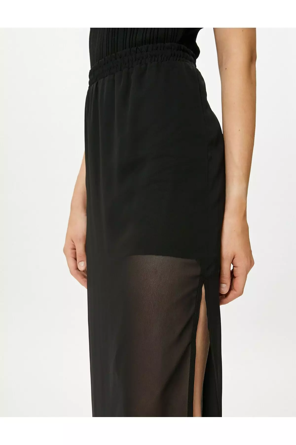 Midi Tulle Skirt With Slit Elastic Waist