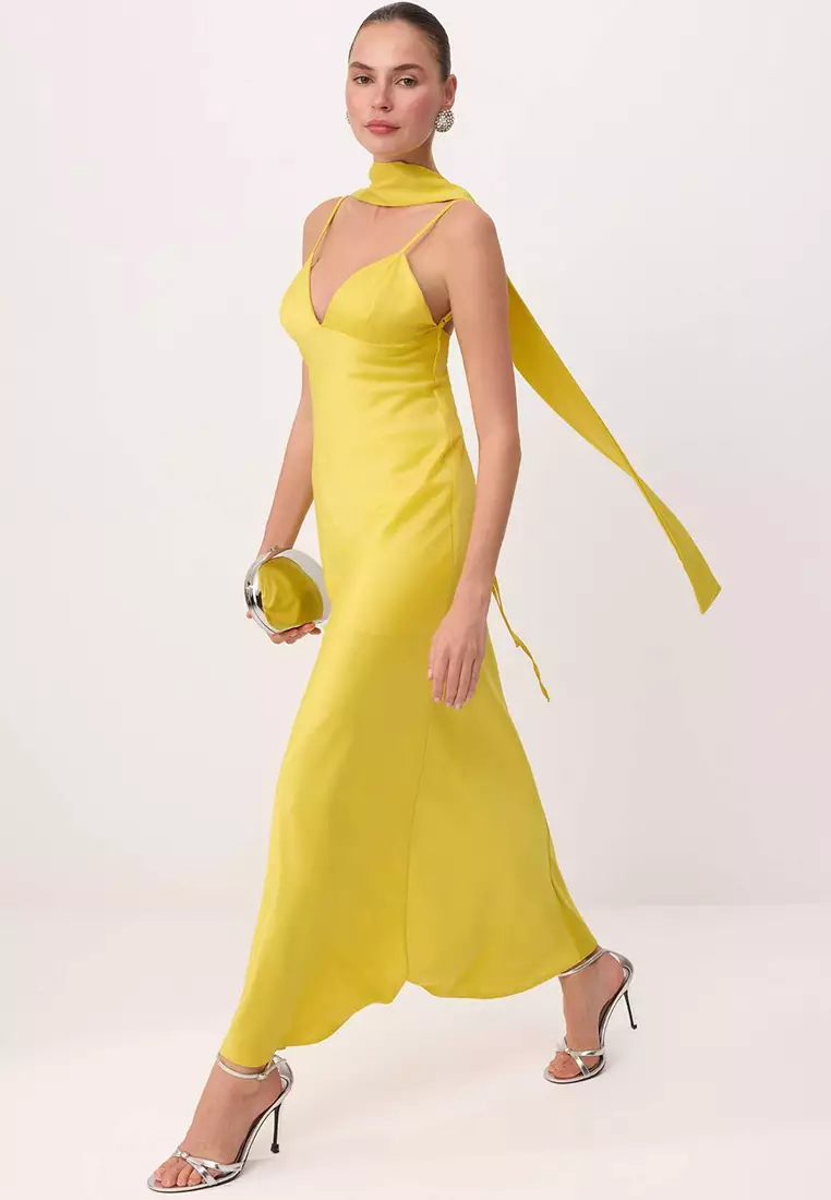 Light Yellow Plain Scarf Woven Satin Maxi Lined Stylish/Evening Dress